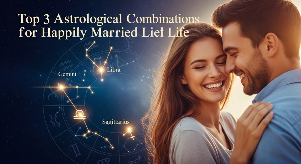 Discover the top 3 astrological combinations for a happy married life. Learn how the 7th house, Venus & Jupiter influence marital harmony.